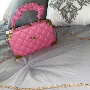 Pink Quilted Handbag with Gold Accents